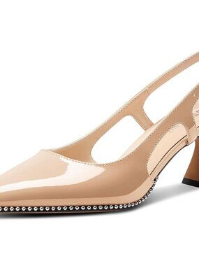 Women's Beige Stylish Pointed Toe Slingback Buckle Ankle Strap Heels Shoes